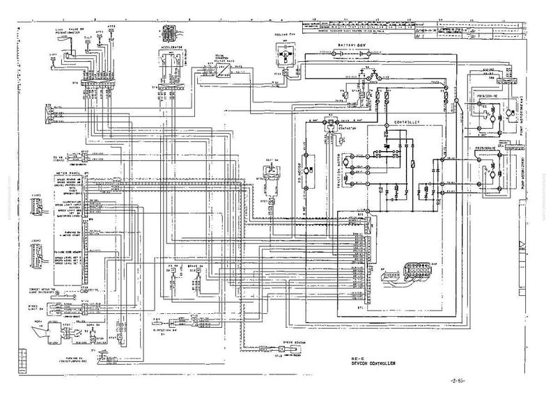 K&ouml;nnte beinhalten: Detaillierte Schwarz-Wei&szlig;-Schemazeichnung eines elektronischen Steuerungssystems. Das Diagramm zeigt zahlreiche miteinander verbundene Komponenten, Linien und Beschriftungen, darunter einen Controller und verschiedene Sensoren. Der Text "SEVICON CONTROLLER" ist sichtbar.