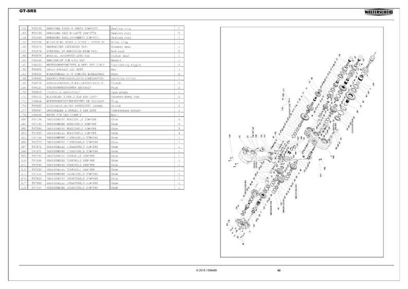 Op de afbeelding: Een gedetailleerde technische tekening van mechanische componenten, met tekstlabels en onderdeelnummers. Het zwart-wit diagram toont een explosietekening van de onderdelen. De tekst "GT-SRS" staat in de linkerbovenhoek.
