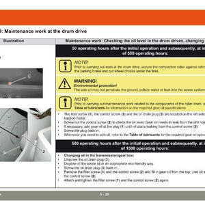 May include: Diagram of maintenance work on a drum drive, including instructions for checking oil levels and changing oil. The image includes illustrations of the components and steps, with text instructions and safety warnings. The text includes the phrase "5.2.4 HR70C-9".
