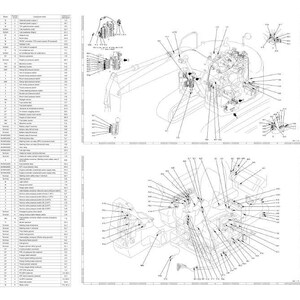 May include: Detailed engineering diagrams of heavy machinery components, featuring multiple views and exploded diagrams. The diagrams are labeled with numerous callouts and annotations, providing technical specifications and part numbers for each element.