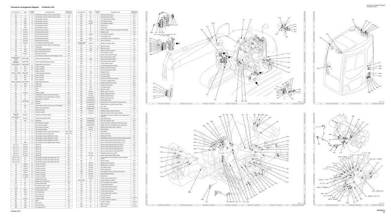 May include: Detailed engineering diagrams of heavy machinery components, featuring multiple views and exploded diagrams. The diagrams are labeled with numerous callouts and annotations, providing technical specifications and part numbers for each element.