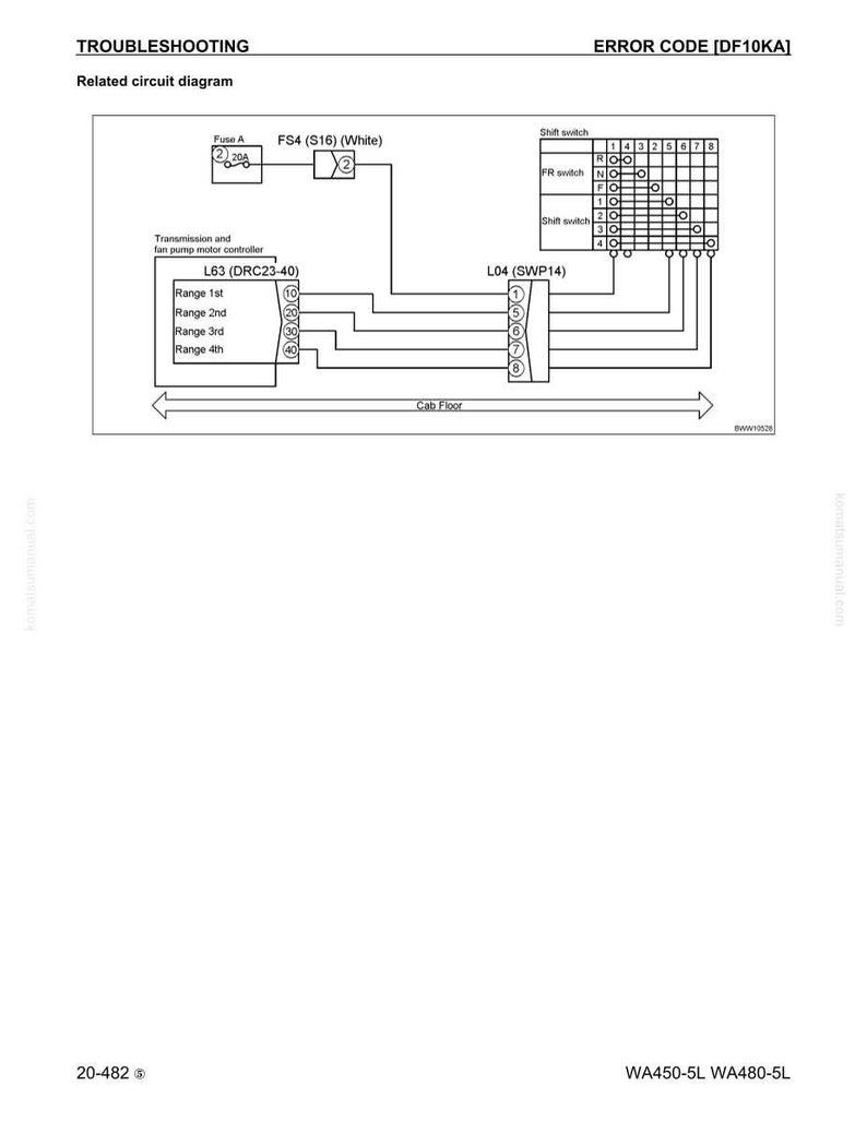 May include: A schematic diagram for troubleshooting, labeled "TROUBLESHOOTING" and "ERROR CODE [DF10KA]". The diagram includes components like a fuse, shift switch, and transmission controller, with labels and arrows indicating connections.