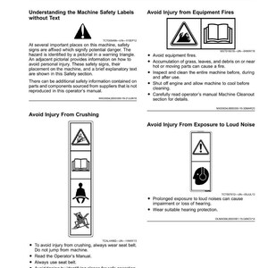 May include: A white page with safety information, including warnings about equipment fires, crushing, and loud noise. The page includes diagrams and instructions to avoid injury. The title reads "Safety Labels No-Text."
