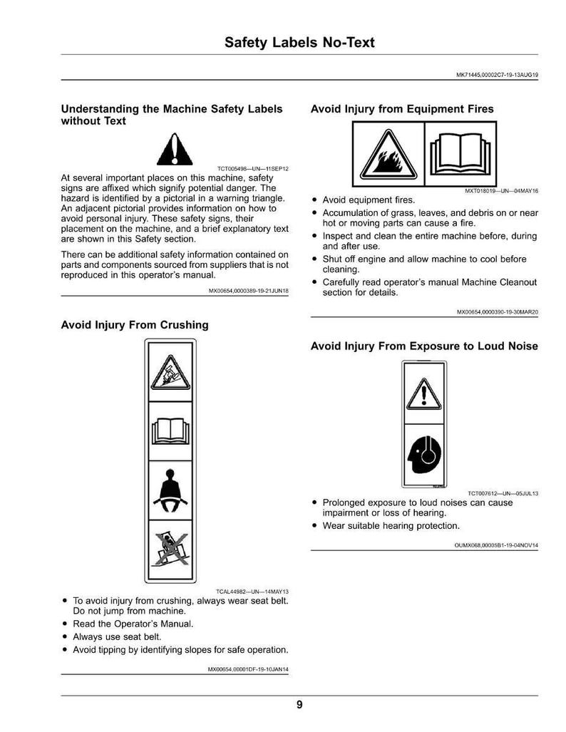 May include: A white page with safety information, including warnings about equipment fires, crushing, and loud noise. The page includes diagrams and instructions to avoid injury. The title reads "Safety Labels No-Text."