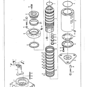 K&ouml;nnte beinhalten: Eine Explosionszeichnung von mechanischen Komponenten, einschlie&szlig;lich Zylindern, Ringen, Bolzen und Platten. Das Diagramm ist mit Nummern versehen und enth&auml;lt das Logo "MANNESMANN DEMAG". Das Bild ist in Schwarzwei&szlig;.