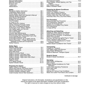 May include: A page from an operator's manual, titled "Contents," with a table of contents listing safety, operating, and maintenance procedures for agricultural machinery. The manual includes safety signs, decals, and tractor preparation instructions.