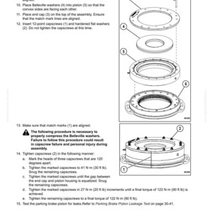 May include: Diagram illustrating a parking brake assembly, detailing the disassembly and assembly process. The image shows numbered components, including piston housing, washers, and capscrews. Instructions are provided, specifying torque values in Newton-metres.