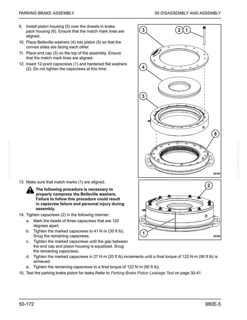 May include: Diagram illustrating a parking brake assembly, detailing the disassembly and assembly process. The image shows numbered components, including piston housing, washers, and capscrews. Instructions are provided, specifying torque values in Newton-metres.