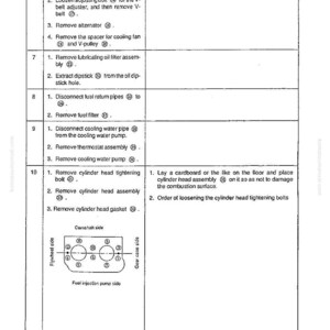 May include: A detailed diagram from a manual, showing steps for removing engine parts. Includes instructions for removing bolts, belts, and filters. The diagram also includes a camshaft side view and fuel injection pump side view.