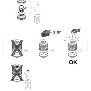 Puede incluir: Diagrama t&eacute;cnico en blanco y negro que muestra el montaje de piezas cil&iacute;ndricas de m&aacute;quinas. La imagen incluye vistas explosionadas, pasos de montaje y una comprobaci&oacute;n final "OK".