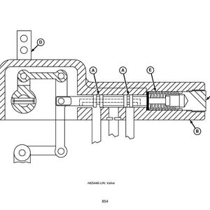 May include: A detailed black and white diagram of a valve mechanism. The image shows a cross-section with labeled parts, including a spring, piston, and various connecting rods. The text "H65446-UN: Valve" is at the bottom.