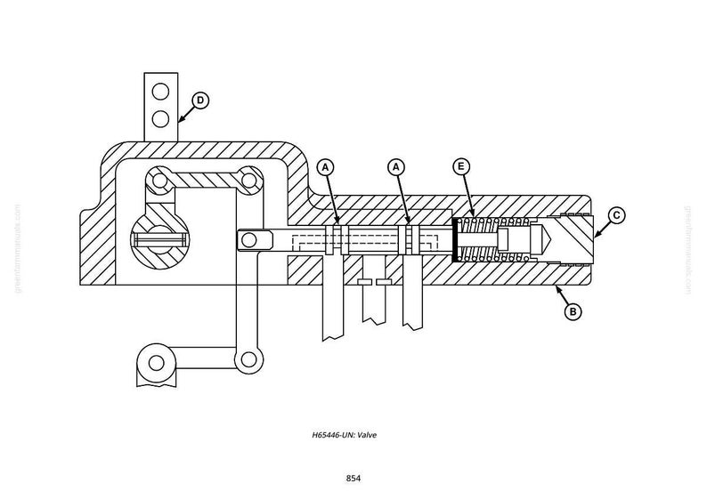 May include: A detailed black and white diagram of a valve mechanism. The image shows a cross-section with labeled parts, including a spring, piston, and various connecting rods. The text "H65446-UN: Valve" is at the bottom.