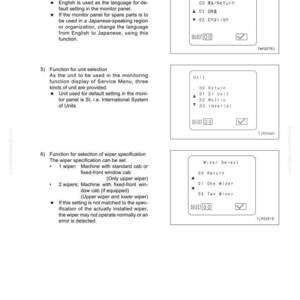 Pu&ograve; includere: Pagina di un manuale tecnico con diagrammi e testo. Dettaglia le funzioni di selezione della lingua, selezione delle unit&agrave; (SI, metrico, imperiale) e specifiche del tergicristallo. Include opzioni per inglese e giapponese.