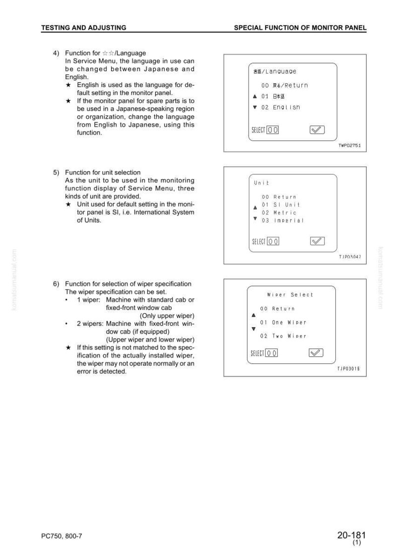 Pu&ograve; includere: Pagina di un manuale tecnico con diagrammi e testo. Dettaglia le funzioni di selezione della lingua, selezione delle unit&agrave; (SI, metrico, imperiale) e specifiche del tergicristallo. Include opzioni per inglese e giapponese.
