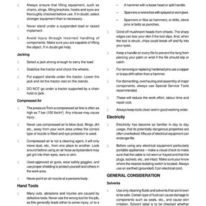Puede incluir: Una p&aacute;gina de un manual de taller titulada "Introducci&oacute;n y seguridad". El texto cubre temas como aparatos de elevaci&oacute;n, gatos, aire comprimido, herramientas manuales y electricidad, con pautas de seguridad.