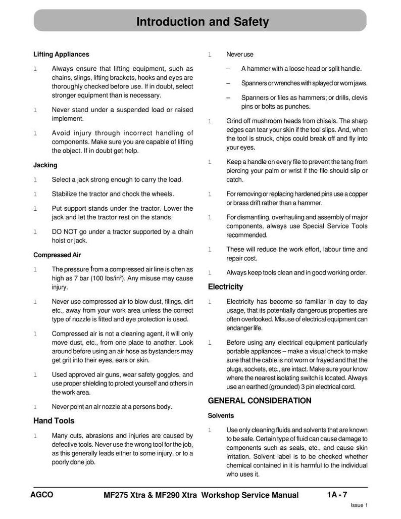 Puede incluir: Una p&aacute;gina de un manual de taller titulada "Introducci&oacute;n y seguridad". El texto cubre temas como aparatos de elevaci&oacute;n, gatos, aire comprimido, herramientas manuales y electricidad, con pautas de seguridad.