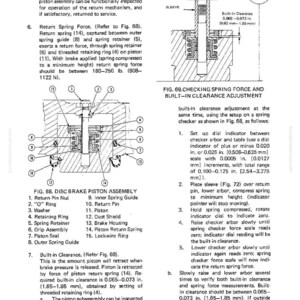 May include: Diagram from a manual showing a disc brake piston assembly with labeled parts. Includes a diagram for checking spring force and built-in clearance adjustment, with measurements in inches and pounds.