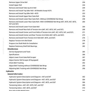 Pode incluir: Uma tabela de conte&uacute;do detalhada de um manual, listando v&aacute;rios procedimentos e instru&ccedil;&otilde;es. O texto inclui termos como "Remover e Instalar", "Ajustar" e "Hidr&aacute;ulica", sugerindo um foco t&eacute;cnico ou mec&acirc;nico. Os n&uacute;meros das p&aacute;ginas est&atilde;o &agrave; direita.