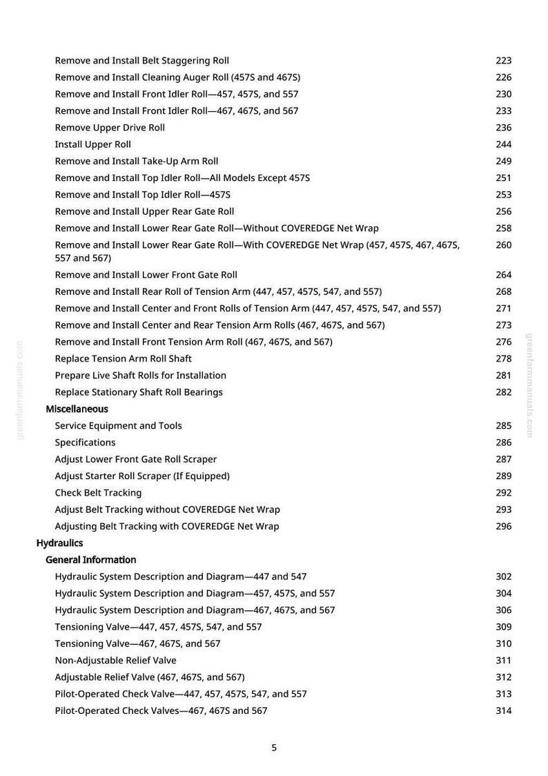Pode incluir: Uma tabela de conte&uacute;do detalhada de um manual, listando v&aacute;rios procedimentos e instru&ccedil;&otilde;es. O texto inclui termos como "Remover e Instalar", "Ajustar" e "Hidr&aacute;ulica", sugerindo um foco t&eacute;cnico ou mec&acirc;nico. Os n&uacute;meros das p&aacute;ginas est&atilde;o &agrave; direita.
