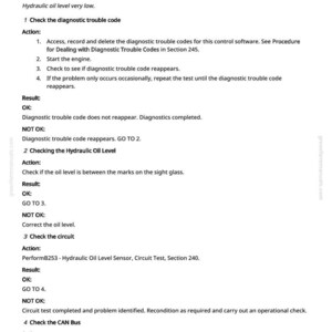 May include: A white document with black text detailing diagnostic steps for a hydraulic oil level sensor. The text includes instructions for checking diagnostic trouble codes, oil levels, and circuits. The document is titled "SCO 002602.18 - Hydraulic Oil Level Sensor, Oil Level Too Low."
