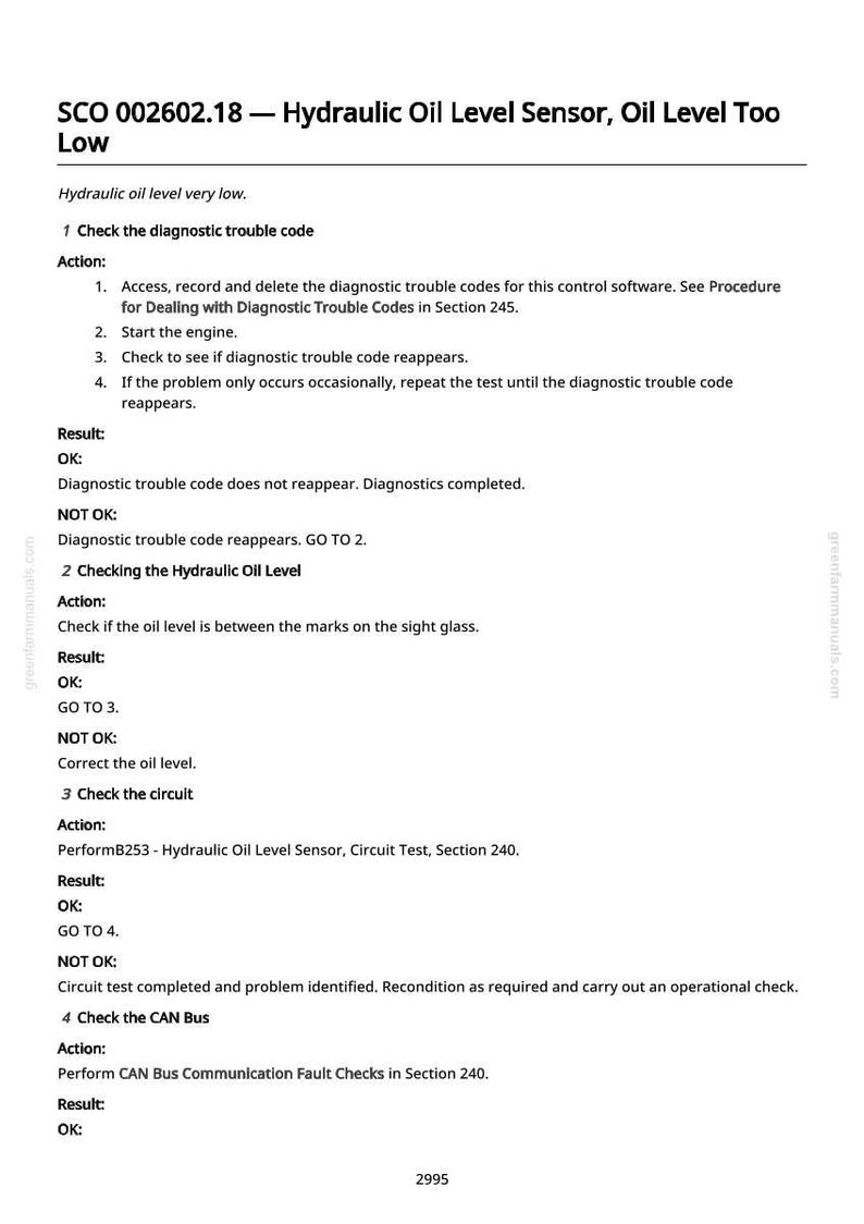 May include: A white document with black text detailing diagnostic steps for a hydraulic oil level sensor. The text includes instructions for checking diagnostic trouble codes, oil levels, and circuits. The document is titled "SCO 002602.18 - Hydraulic Oil Level Sensor, Oil Level Too Low."
