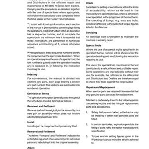May include: A page from the MF2600 H Series Workshop Service Manual, featuring the Massey Ferguson logo. The text includes sections on introduction, safety, servicing, and repairs, with instructions for tractor maintenance.