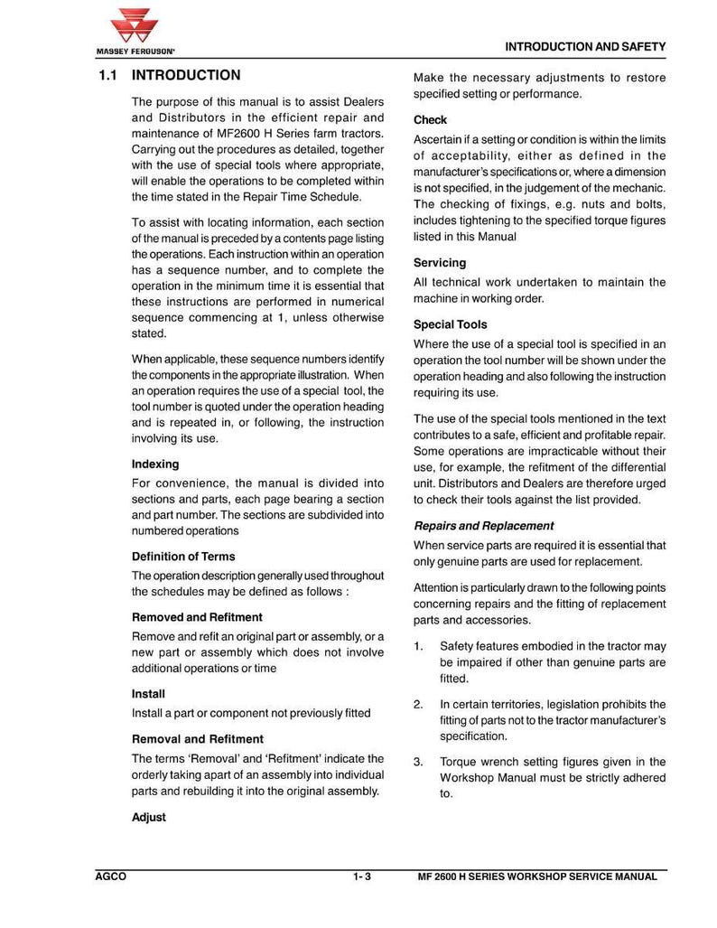 May include: A page from the MF2600 H Series Workshop Service Manual, featuring the Massey Ferguson logo. The text includes sections on introduction, safety, servicing, and repairs, with instructions for tractor maintenance.