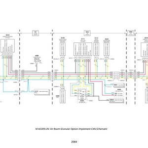 May include: A detailed schematic diagram of an air boom granular option implement CAN system. The diagram features various components, including connectors, relays, and wiring, with labels and lines in multiple colours. The text "N142209-UN: Air Boom Granular Option Implement CAN Schematic" is visible.