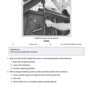 Puede incluir: Diagrama que ilustra el ajuste de los cilindros de elevaci&oacute;n del carrete, con etiquetas para el tap&oacute;n del cilindro y el cilindro de elevaci&oacute;n del carrete. Incluye instrucciones para nivelar el carrete y purgar el aire del cilindro. Texto: "Ajustar los cilindros de elevaci&oacute;n del carrete".