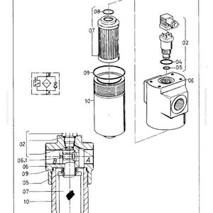 May include: Technical diagram of a hydraulic filter assembly, with components labelled. Includes a filter element, housing, and other parts, with the "MANNESMANN DEMAG" logo. Measurements are not included.