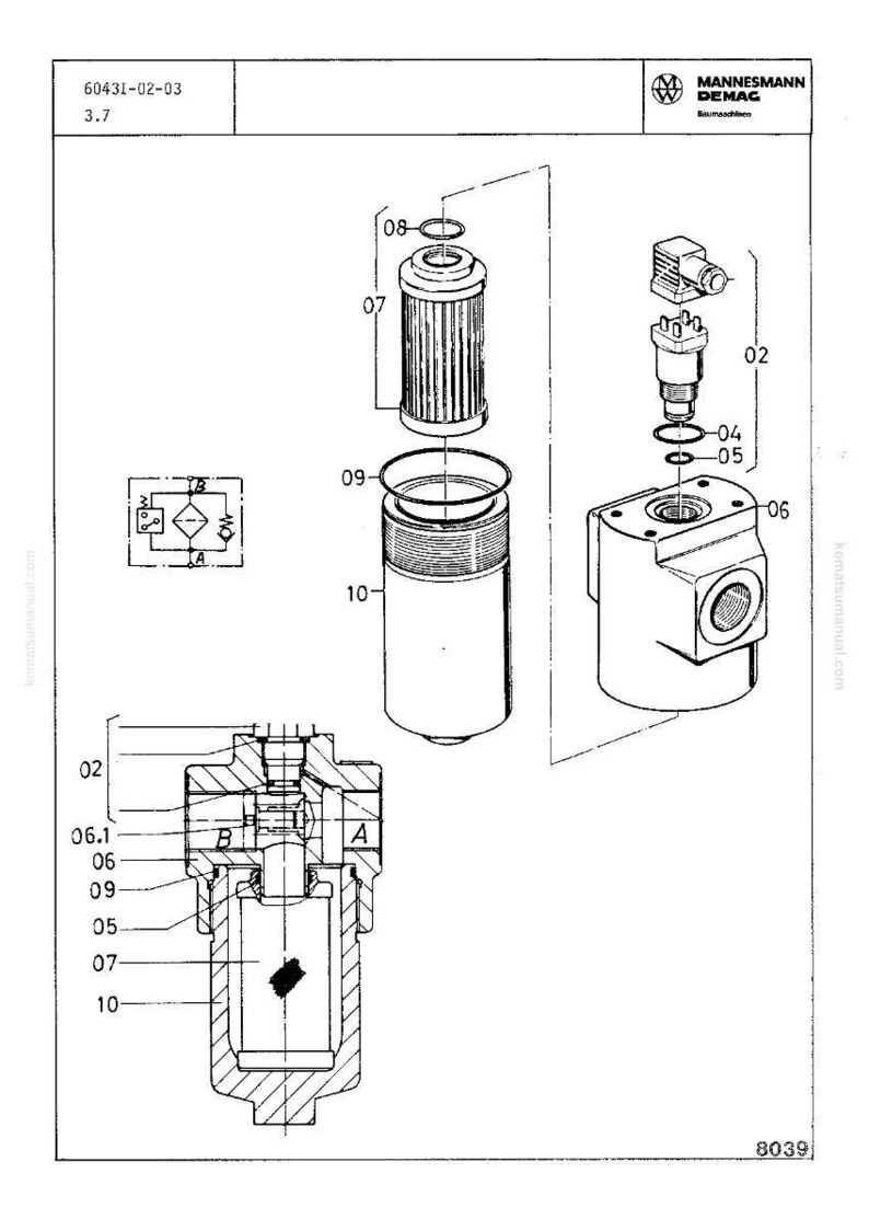 May include: Technical diagram of a hydraulic filter assembly, with components labelled. Includes a filter element, housing, and other parts, with the "MANNESMANN DEMAG" logo. Measurements are not included.
