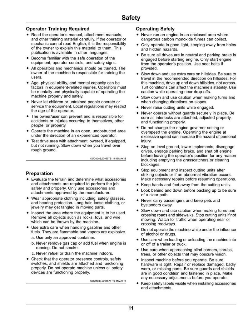 May include: A manual page headed "Safety" with operating instructions. Text covers operator training, safe operation, and preparation. The page is white with black text, providing guidance on machinery use and safety precautions.