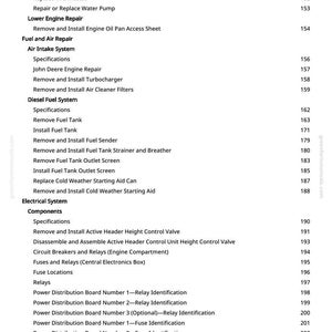 Puede incluir: Un &iacute;ndice detallado de un manual, que enumera varios procedimientos de reparaci&oacute;n automotriz. El texto incluye secciones sobre reparaci&oacute;n de motores, sistemas de combustible, sistemas el&eacute;ctricos y especificaciones de componentes.