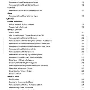 May include: A page from a manual with a list of instructions for hydraulic systems, sensors, and lights. The text includes titles like "Remove and Install TruSet Sensor" and "Bleed Depth Control Hydraulic System."