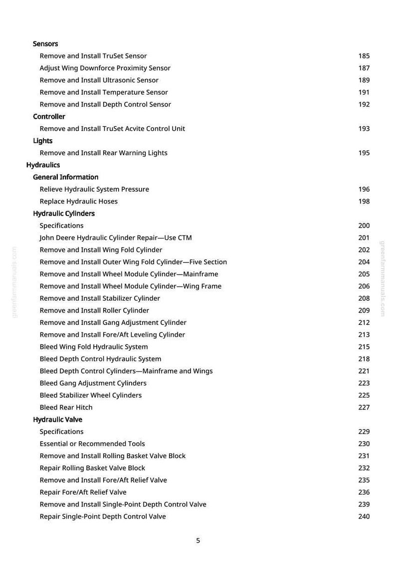 May include: A page from a manual with a list of instructions for hydraulic systems, sensors, and lights. The text includes titles like "Remove and Install TruSet Sensor" and "Bleed Depth Control Hydraulic System."