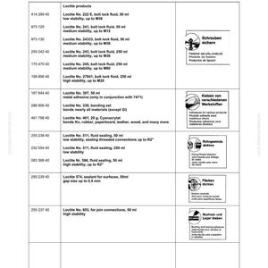 以下が含まれることがあります： 2010年5月17日付の小松の製品カタログページで、Loctite製品が掲載されています。ページには部品番号、説明、製品画像が含まれています。カタログは、補助剤、クリーナー、接着剤、シーラント用です。