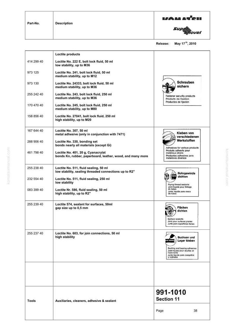 以下が含まれることがあります： 2010年5月17日付の小松の製品カタログページで、Loctite製品が掲載されています。ページには部品番号、説明、製品画像が含まれています。カタログは、補助剤、クリーナー、接着剤、シーラント用です。