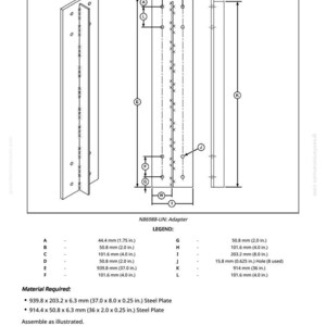 May include: Technical diagram of an adapter, labelled N86988-UN, with dimensions in inches and millimetres. The diagram includes a legend with measurements and material requirements for steel plates. The tool supports Hydrostatic Pump removal.