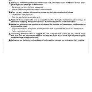 May include: A page from a manual titled "Precautions Before Work." The text includes safety guidelines for machine maintenance, such as avoiding loose clothing, tying back long hair, and ensuring proper procedures are followed to prevent accidents.