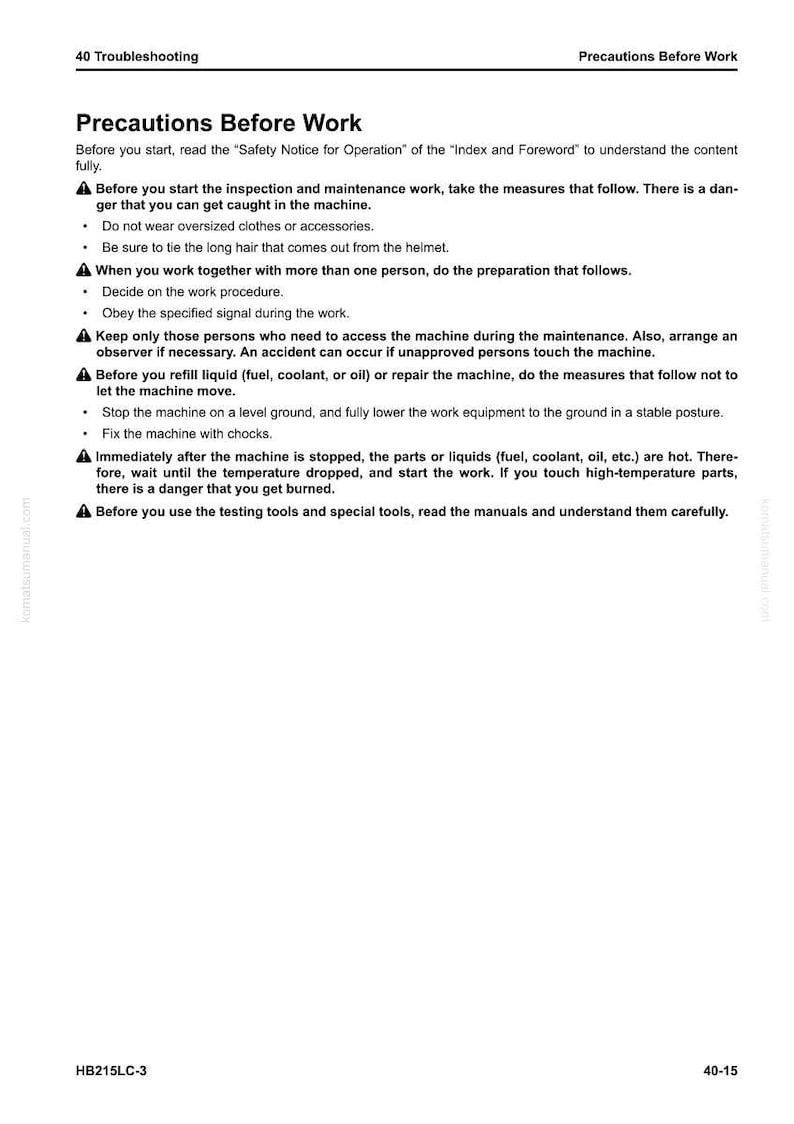 May include: A page from a manual titled "Precautions Before Work." The text includes safety guidelines for machine maintenance, such as avoiding loose clothing, tying back long hair, and ensuring proper procedures are followed to prevent accidents.