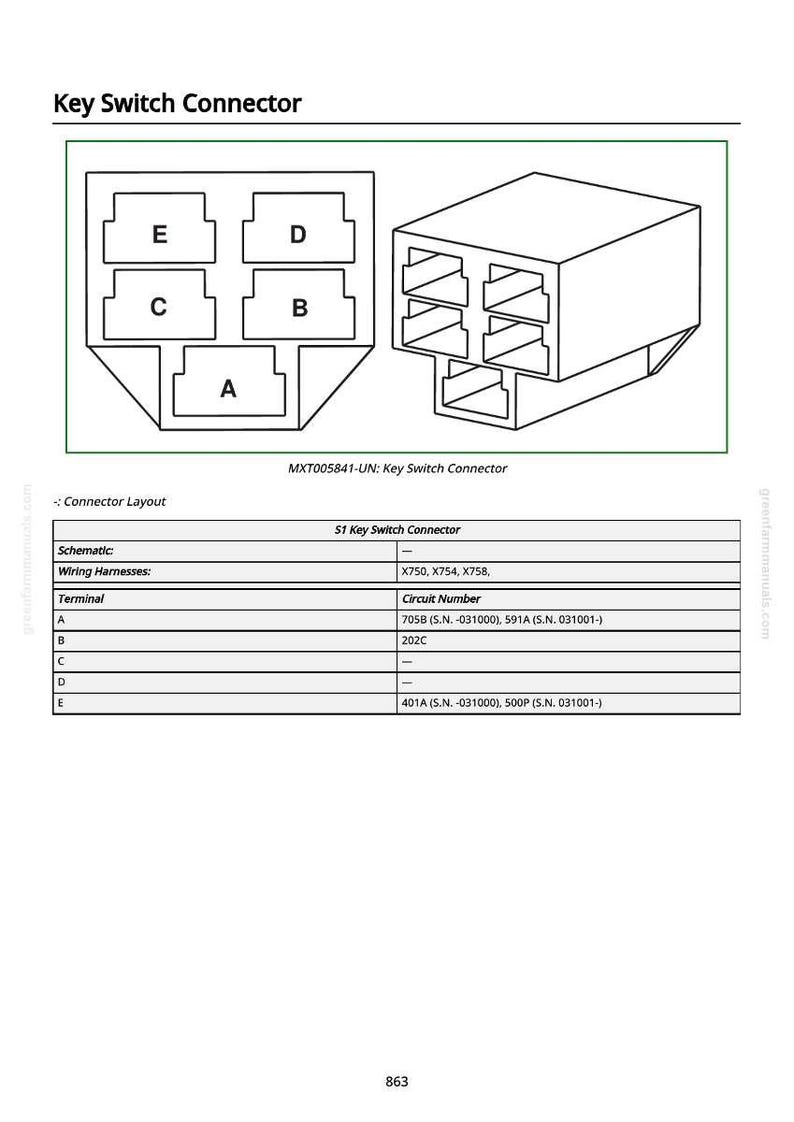 May include: Diagram of a key switch connector, labelled with letters A to E. The image includes a schematic, wiring harnesses, and circuit numbers. Text at the top reads "Key Switch Connector".