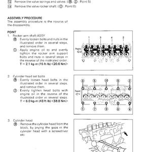 May include: Diagram of an engine cylinder head assembly procedure. Includes numbered steps for removing and installing parts, with illustrations of bolt patterns and torque specifications in ft-lbs and Nm.