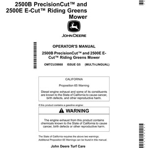 Może przedstawiać: Czarno-biała instrukcja obsługi do kosiarki John Deere 2500B PrecisionCut i 2500E E-Cut Riding Greens. Instrukcja zawiera ostrzeżenie dotyczące spalin silnik&oacute;w Diesla i benzynowych. Widoczne jest logo John Deere.