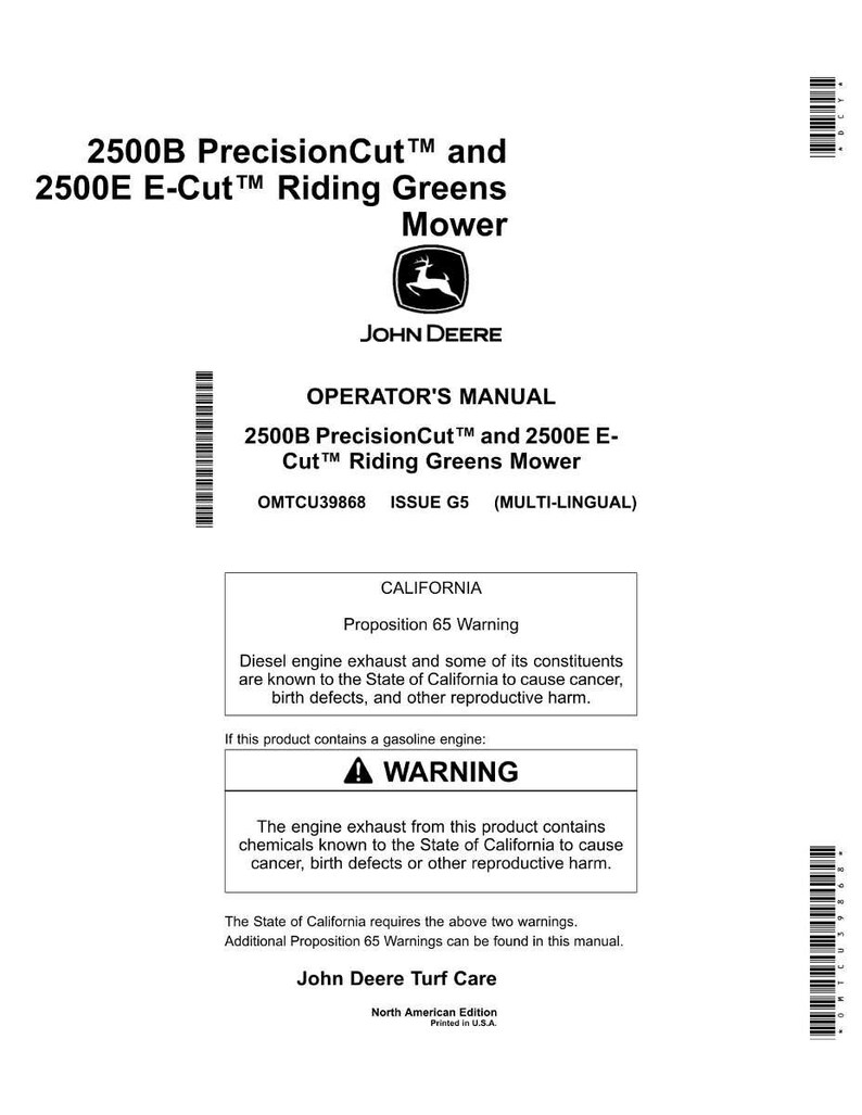 Może przedstawiać: Czarno-biała instrukcja obsługi do kosiarki John Deere 2500B PrecisionCut i 2500E E-Cut Riding Greens. Instrukcja zawiera ostrzeżenie dotyczące spalin silnik&oacute;w Diesla i benzynowych. Widoczne jest logo John Deere.