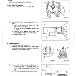 May include: Diagram showing swing machinery disassembly and assembly instructions. Includes illustrations of bolts, carrier assemblies, shaft assemblies, and various components with numbered labels. Text instructions are also provided.