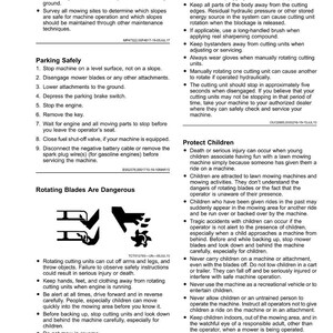 Puede incluir: P&aacute;gina de un manual de seguridad para cortac&eacute;spedes, con instrucciones y advertencias. Incluye texto y diagramas sobre el funcionamiento seguro, el estacionamiento y la protecci&oacute;n de los ni&ntilde;os. P&aacute;gina blanca con texto negro.