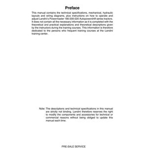 May include: A white manual page with the title "Preface" and text describing technical specifications, layouts, and instructions for Landini tractors. Includes the text "PRE-SALE SERVICE July 2007 42042 FABBRICO (RE) ITALY".