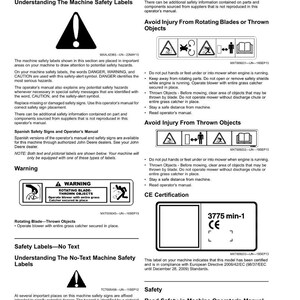 Puede incluir: Una p&aacute;gina de un manual de seguridad de m&aacute;quinas con texto y s&iacute;mbolos de seguridad. El manual incluye advertencias sobre cuchillas giratorias y objetos lanzados, con ilustraciones e instrucciones de seguridad. Tambi&eacute;n es visible la etiqueta de certificaci&oacute;n CE.