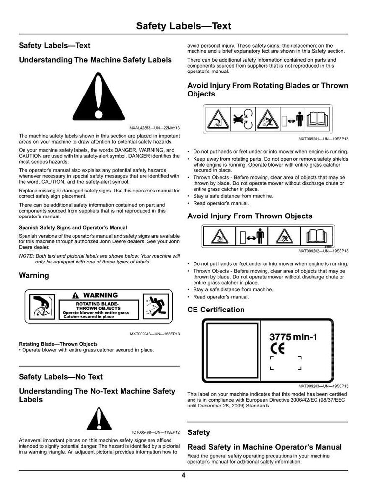 Puede incluir: Una p&aacute;gina de un manual de seguridad de m&aacute;quinas con texto y s&iacute;mbolos de seguridad. El manual incluye advertencias sobre cuchillas giratorias y objetos lanzados, con ilustraciones e instrucciones de seguridad. Tambi&eacute;n es visible la etiqueta de certificaci&oacute;n CE.