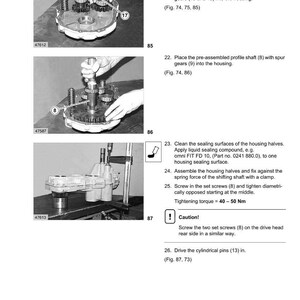 Peut inclure: Diagramme d'une bo&icirc;te de vitesses manuelle et inverseur avec instructions de montage. L'image montre divers composants, notamment des arbres, des engrenages et des demi-carters, avec des &eacute;tiquettes num&eacute;rot&eacute;es. Des instructions textuelles sont &eacute;galement incluses.